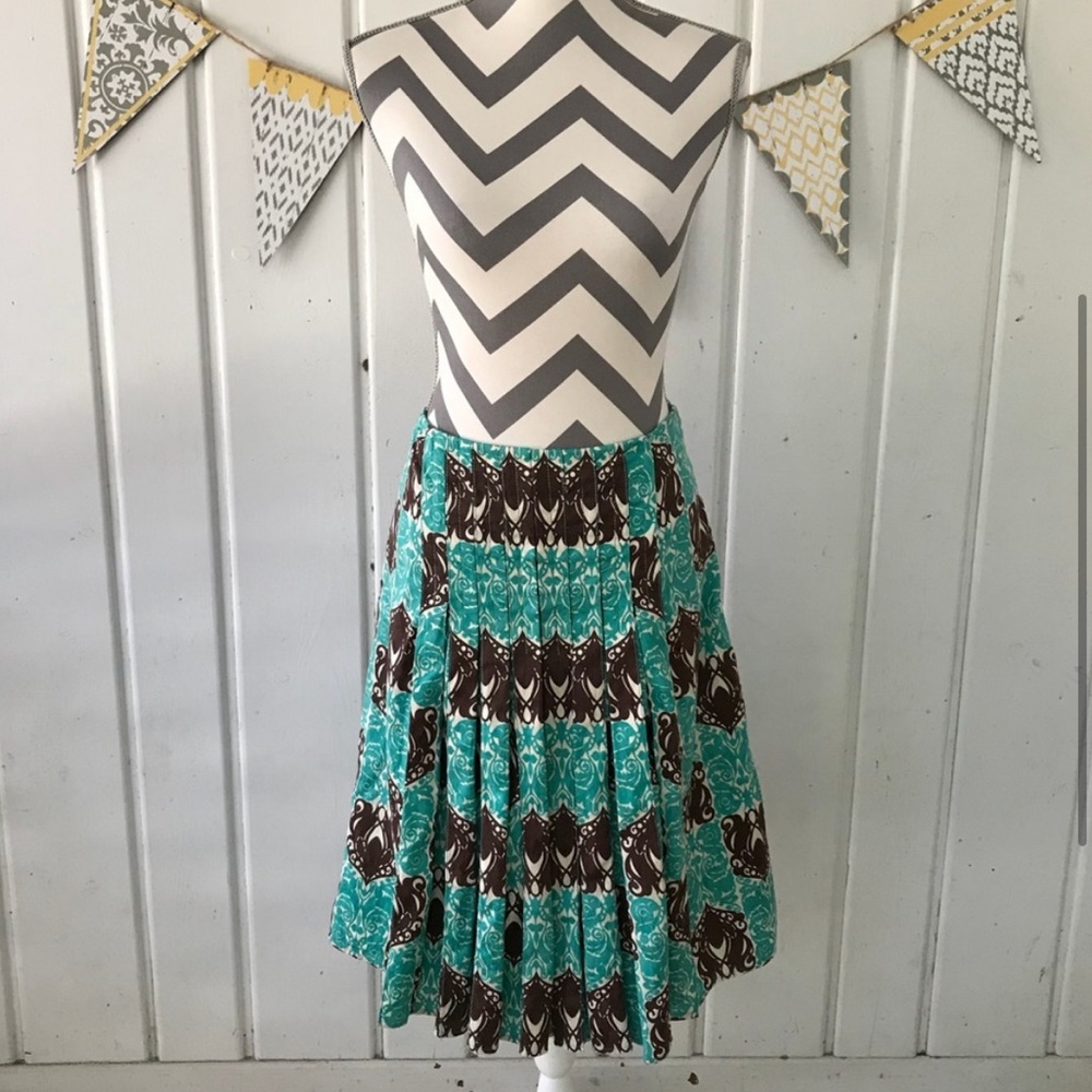 Carolina Herrera Turquoise and Brown Pleated Skirt Cotton and Silk